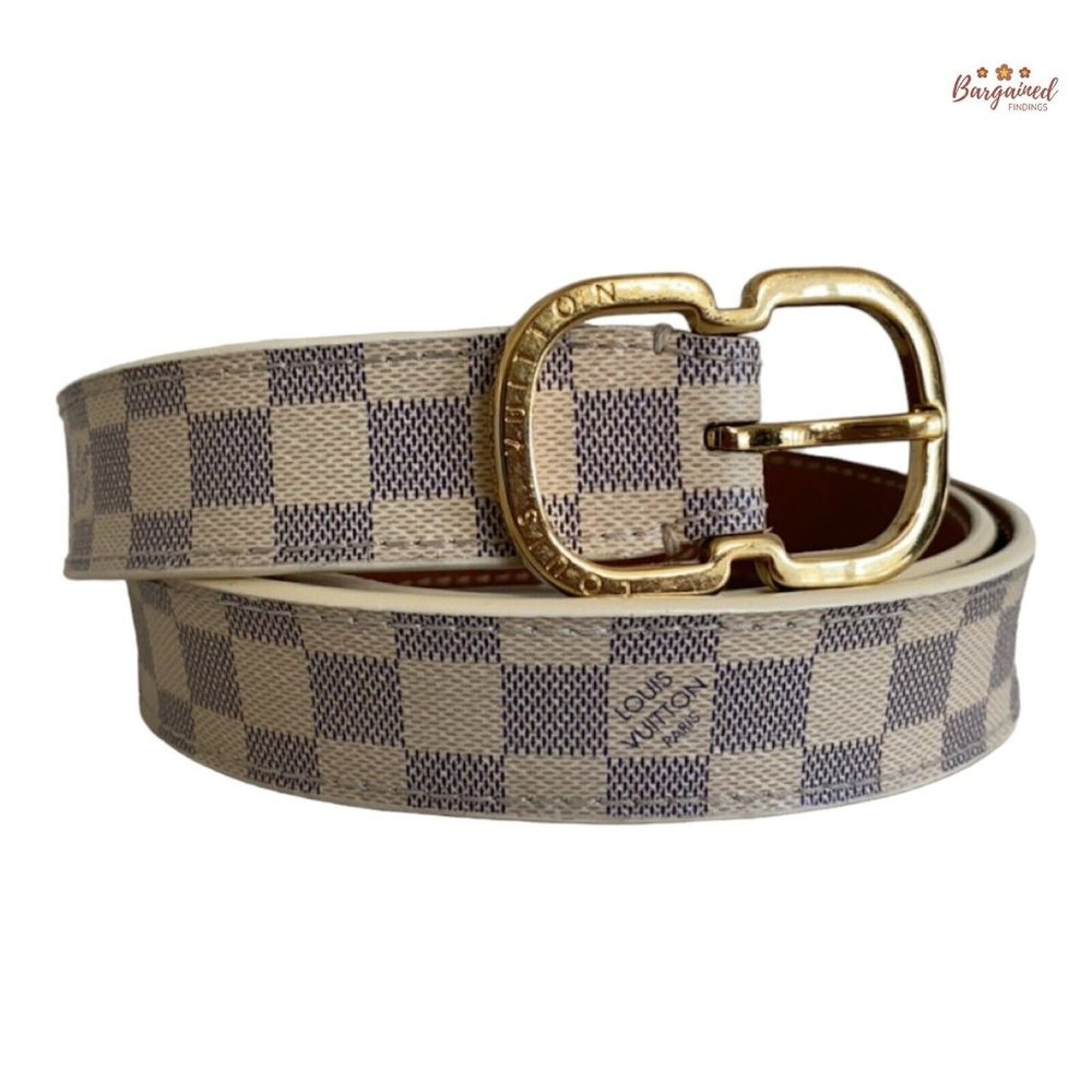 Authentic Louis Vuitton Damier Azur Leather Slim Gold Butterfly Buckle Belt 34